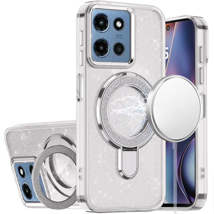 For Motorola Moto G 5G 2025 Transparent Glitter Rotaional Magnetic Ring Stand HQ Hybrid - Clear
