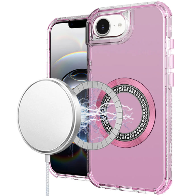 For iPhone 16E (E edition) / SE4 (2025) Magnetic Ring Circle Bling Chrome 3in1 Hybrid Case - Pink