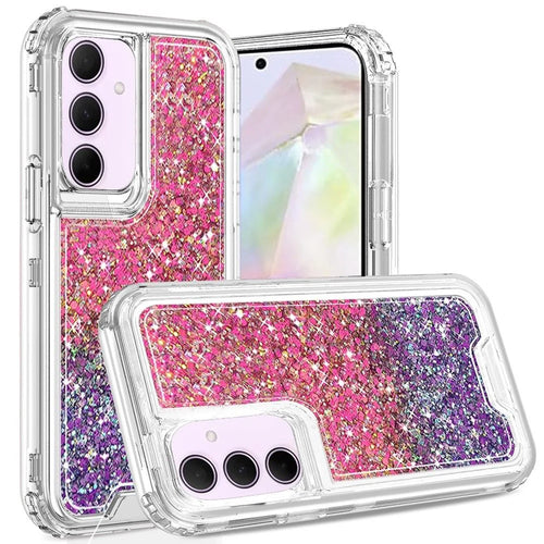 For Samsung Galaxy A36 Epoxy Sticker Glitter 3in1 Shockproof Transparent Hybrid Case - Hot Pink + Purple