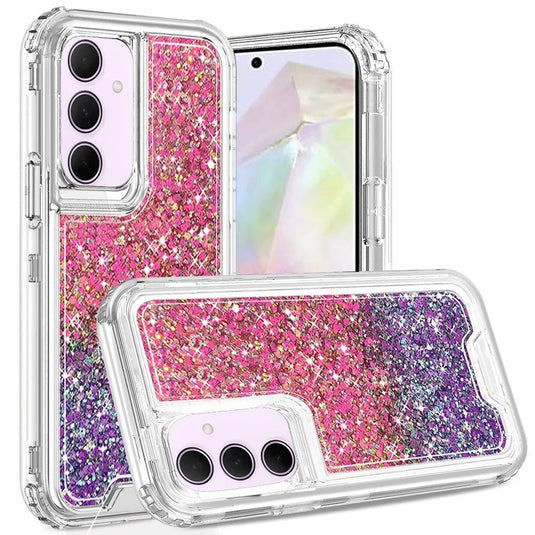 For Samsung Galaxy A36 Epoxy Sticker Glitter 3in1 Shockproof Transparent Hybrid Case - Hot Pink + Purple
