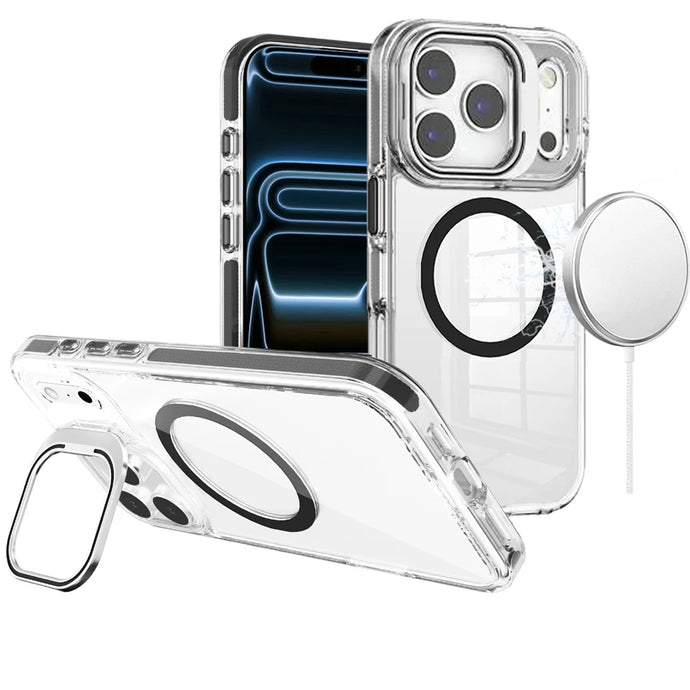 For iPhone 17 Pro Camera Metallic Stand [Magnetic Circle] Transparent Colorful Matching Edged Tough Hybrid Case - Black