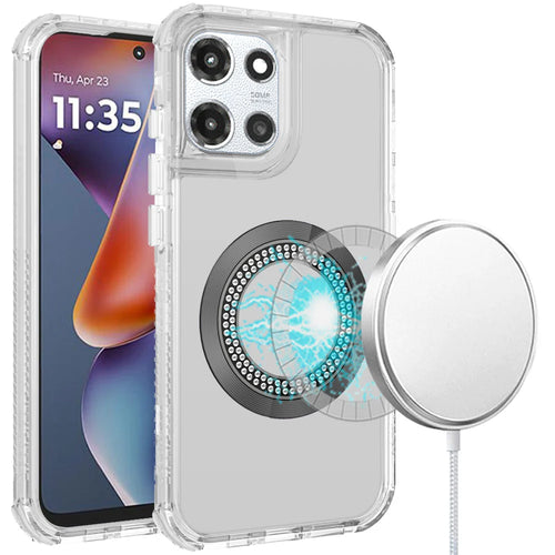 For Motorola Moto G 5G 2025 Magnetic Ring Circle Bling Chrome 3in1 Hybrid Case - Clear