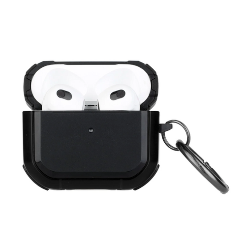 For AirPods 1/2 Premium Rugged ShockProof Hybrid With Metal Hook Case Cover- Black+Black AirPods 1/2 Black / Black