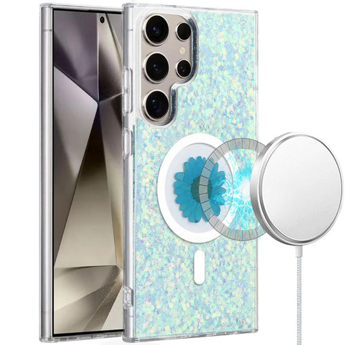 For Samsung s25 Ultra Magnetic Ring Circle Real Flower Epoxy Glitter Hybrid Case Cover - Light Blue