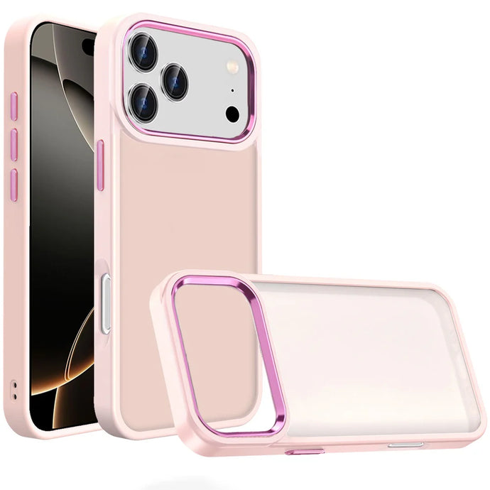 For iPhone 17 Pro Max Polished Oil Thick Acrylic Metal Button Hybrid Case Cover - Light Pink