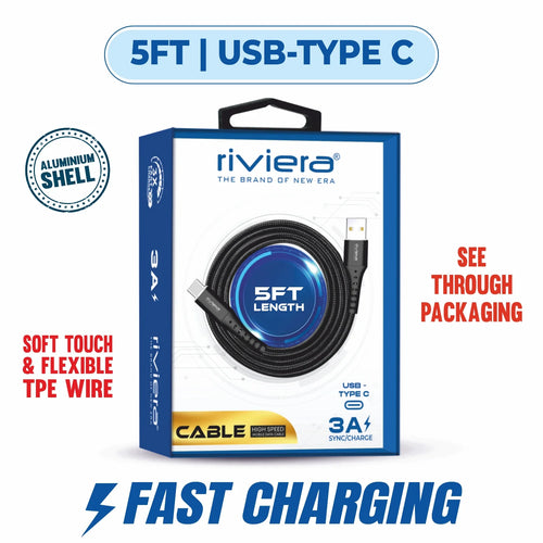 Clear Blister - 5FT Fast Charging Cable [USB - Type C (PD)] Nylon Braided - Black w/ Black Shell (86)