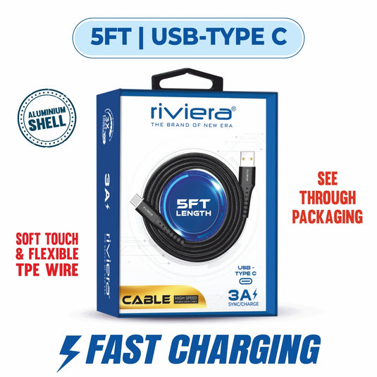 Clear Blister - 5FT Fast Charging Cable [USB - Type C (PD)] Nylon Braided - Black w/ Black Shell (86)