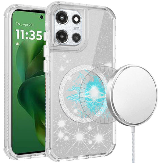 For Motorola Moto G Power 5G 2025 Magnetic Ring Glitter 3in1 Hybrid Case Cover - Clear