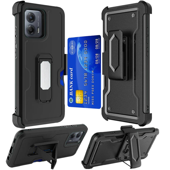For Motorola Moto G Power 5g 2024 CARD Holster with Kickstand Clip Hybrid Case Cover - Black