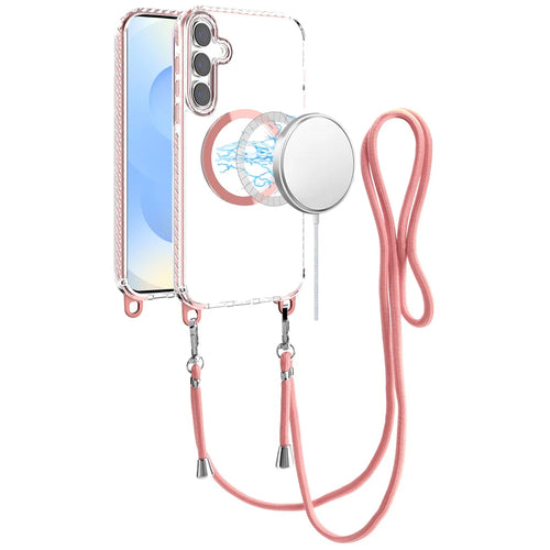For Samsung s25/s24 Transparent HQ Clear Line Design Edged Hybrid [Magnetic Circle] with Matching Lanyard - Light Pink