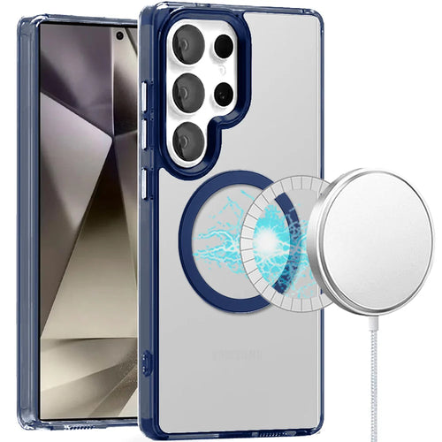 For Samsung Galaxy s25 Ultra Magnetic Circle Ring Transparent Premium Acrylic with Metal Buttons & Camera Raised Lip - Blue