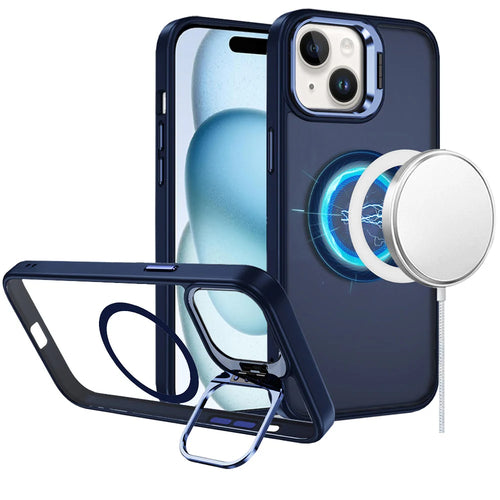 For iPhone 15 Fearless Tough HQ Metallic Hybrid with Camera Ring Stand [Magnetic Circle] Case - Navy Blue