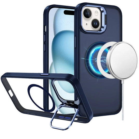 For iPhone 15 Fearless Tough HQ Metallic Hybrid with Camera Ring Stand [Magnetic Circle] Case - Navy Blue