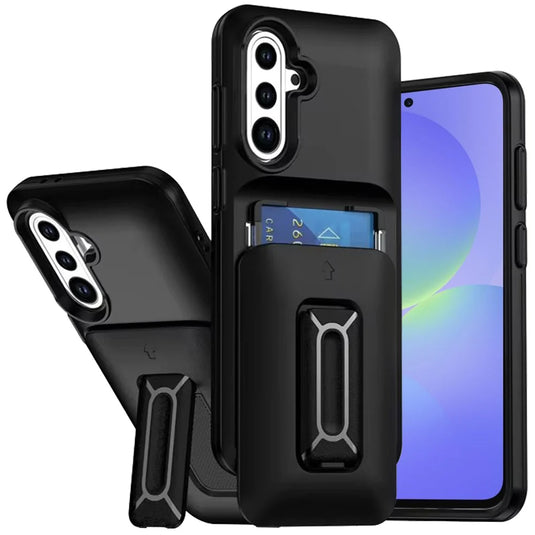 For Samsung Galaxy A36 Card Holder (2X) with Wrist Strap Hybrid With KickStand - Black+Black