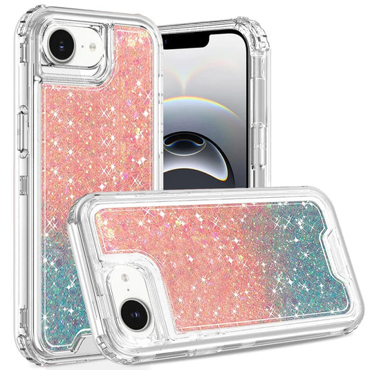 For iPhone 16E (E edition) / SE4 (2025) Epoxy Sticker Glitter 3in1 Shockproof Transparent Hybrid Case - Pink + Light Blue