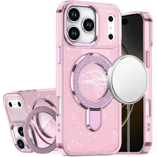 For iPhone 17 Pro Max Transparent Glitter Rotaional Magnetic Ring Stand HQ Hybrid - Light Pink