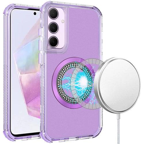 For Samsung Galaxy A36 Magnetic Ring Circle Bling Chrome 3in1 Hybrid Case - Purple