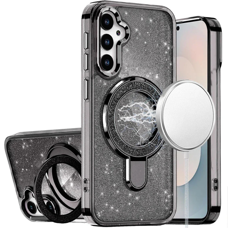 Load image into Gallery viewer, For Samsung s25 FE Transparent Glitter Rotaional Magnetic Ring Stand HQ Hybrid - Black
