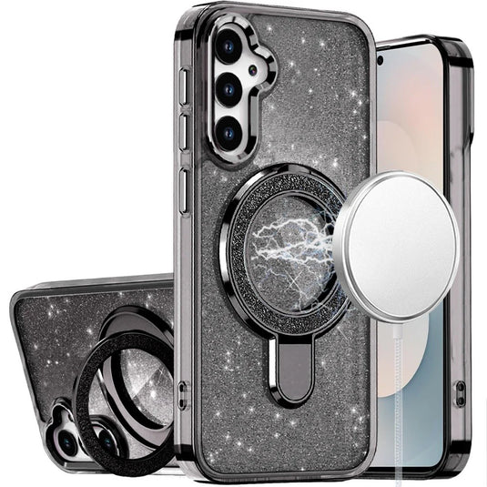 For Samsung s25 FE Transparent Glitter Rotaional Magnetic Ring Stand HQ Hybrid - Black