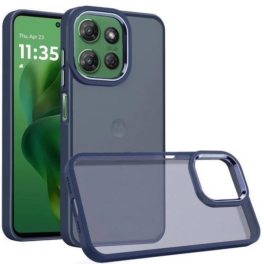 For Motorola Moto G Power 5G 2025 Polished Oil Thick Acrylic Metal Button Hybrid Case Cover - Dark Blue