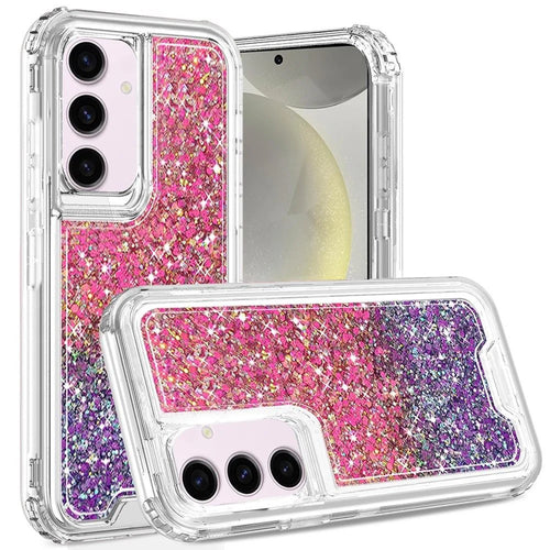 For Samsung s25/s24 Epoxy Sticker Glitter 3in1 Shockproof Transparent Hybrid Case - Hot Pink + Purple