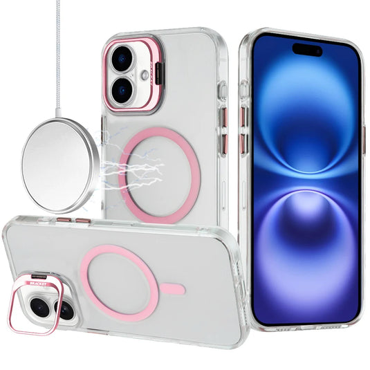 For iPhone 17 Transparent HQ Hybrid with Metallic Camera Stand Magnetic Ring Case - Pink