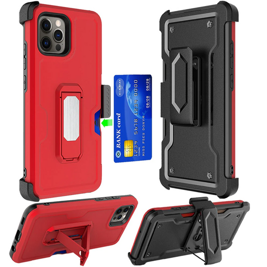 For iPhone 13 Pro Max CARD Holster with Kickstand Clip Hybrid Case Cover - Red Apple iPhone 13 Pro Max 6.7 Red