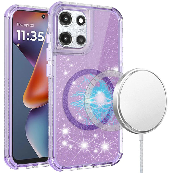 For Motorola Moto G 5G 2025 Magnetic Ring Glitter 3in1 Hybrid Case Cover - Purple