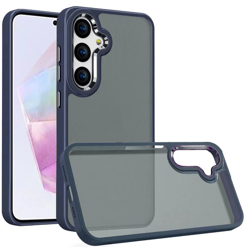 For Samsung Galaxy A36 Polished Oil Thick Acrylic Metal Button Hybrid Case Cover - Dark Blue
