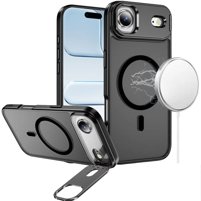 For iPhone 17 Air Fearless Tough HQ Metallic Hybrid with Camera Ring Stand [Magnetic Circle] Case - Black