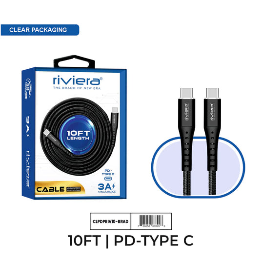 Clear Blister - 10FT Fast Charging Cable [Type C - Type C (PD)] Nylon Braided - Black w/ Black Shell (90)