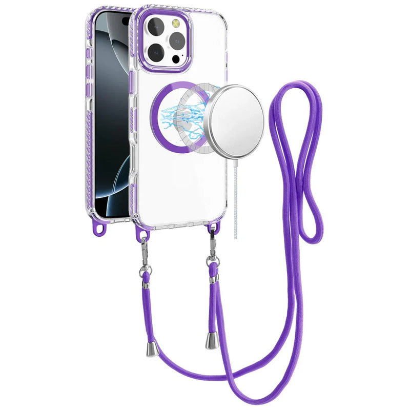 Load image into Gallery viewer, For iPhone 16 Pro Max 6.9 inch Transparent HQ Clear Line Design Edged Hybrid [Magnetic Circle] with Matching Lanyard - Dark Purple
