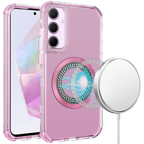 For Samsung Galaxy A36 Magnetic Ring Circle Bling Chrome 3in1 Hybrid Case - Pink