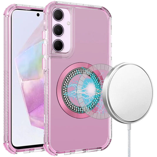 For Samsung Galaxy A36 Magnetic Ring Circle Bling Chrome 3in1 Hybrid Case - Pink