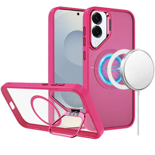 For Samsung Galaxy s25 Edge Fearless Tough HQ Metallic Hybrid with Camera Ring Stand [Magnetic Circle] Case - Hot Pink