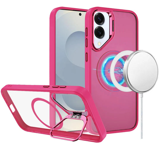 For Samsung Galaxy s25 Edge Fearless Tough HQ Metallic Hybrid with Camera Ring Stand [Magnetic Circle] Case - Hot Pink