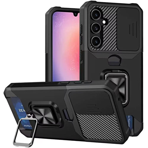 For Samsung Galaxy A26 Multi-Functional Card Magnetic Ring Stand Hybrid Camera Case Cover - Black