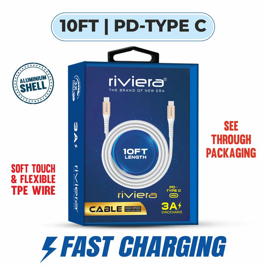 Clear Blister - 10FT Fast Charging Cable [Type C - Type C (PD)] - White w/ Golden Shell (78)
