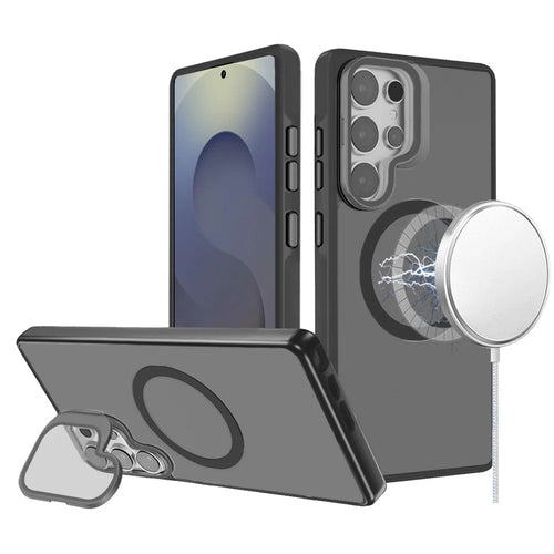 For Samsung s25 Ultra Frame Aluminium Camera Stand Metallic Buttons [Magnetic Circle] Tough HQ Hybrid Case - Black