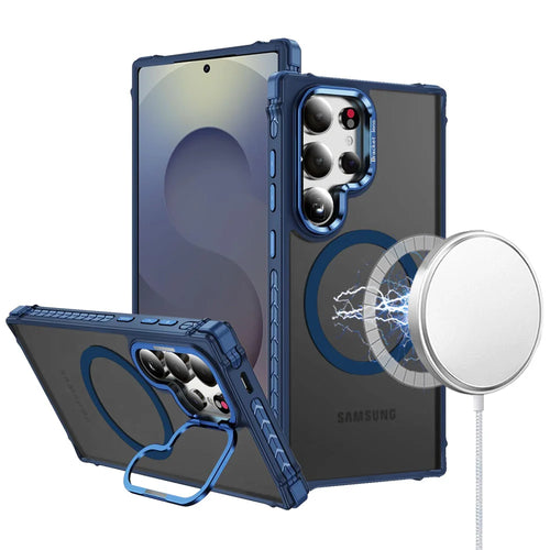 For Samsung s25 Ultra ShatterProof HQ Metal Camera Ring [Magnetic Circle] with Colorful Edged Bar Case - Dark Blue