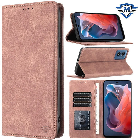 For Motorola Moto G Play 2024 METKASE Wallet PU Vegan Leather ID Card Money Holder with Magnetic Closure in Slide-Out Package - Rose Gold