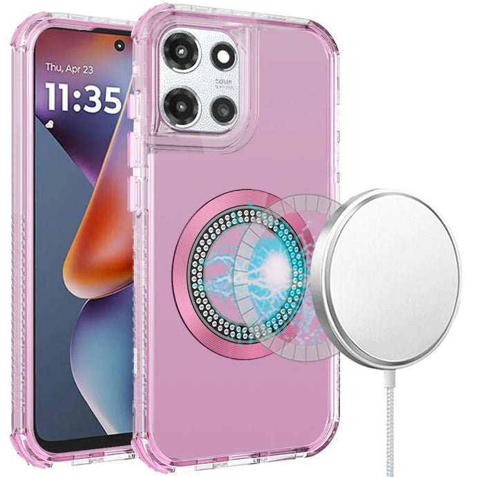 For Motorola Moto G 5G 2025 Magnetic Ring Circle Bling Chrome 3in1 Hybrid Case - Pink