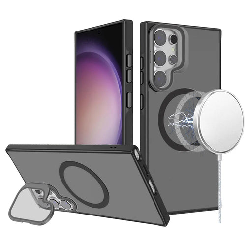 For Samsung S23 Ultra Frame Aluminium Camera Stand Metallic Buttons [Magnetic Circle] Tough HQ Hybrid Case - Black