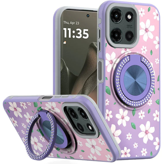 For Motorola Edge 2025 Metal Diamond CD Pattern Design Matte Finished Hybrid with Rotational Ring [Car Mount Friendly] Case - Floral B