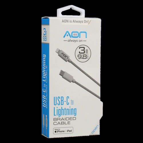 AON USB-C to Lightning Cable MFI 10FT/3M BRAIDED NYLON FIBER - WHITE - (AO-CB-2021) (LANE C2 AON#2)