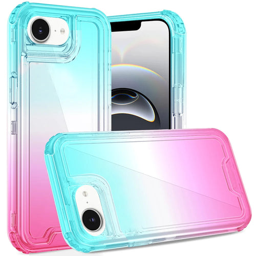 For iPhone 16E (E edition) / SE4 (2025) 3in1 Two Tone Shockproof Transparent Hybrid Case - Light Blue + Pink