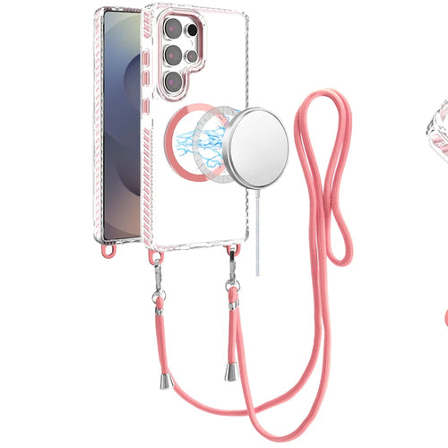 For Samsung s25 Ultra Transparent HQ Clear Line Design Edged Hybrid [Magnetic Circle] with Matching Lanyard - Light Pink