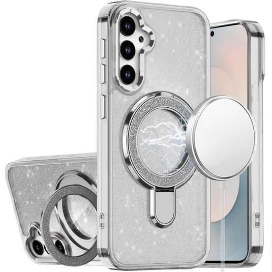 For Samsung s25 FE Transparent Glitter Rotaional Magnetic Ring Stand HQ Hybrid - Clear