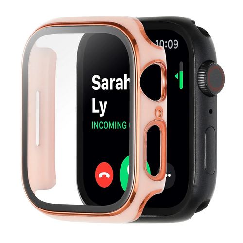 44mm Full Coverage RoseGold with Tempered Glass iWatch Screen Frame - Chromed Rose Gold+Pink Apple Watch Screen Frame Rose Gold / Pink