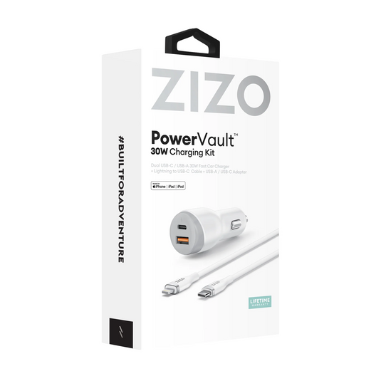 ZIZO PowerVault 30W Dual Port Car Charger Bundle + Lightning to USB-C Cable + USB-A Adapter - White Universal White